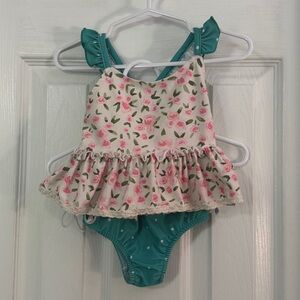 SweetHoney Baby Girl Floral and Polkadot Teal Ruffle Two Piece Bikini